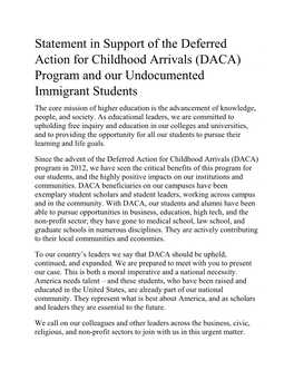 DACA) Program and Our Undocumented Immigrant Students the Core Mission of Higher Education Is the Advancement of Knowledge, People, and Society