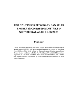 List of Licensed Secondary Saw Mills & Other Wood Based Industries In