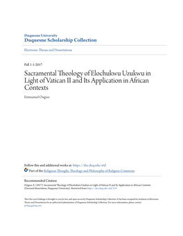 Sacramental Theology of Elochukwu Uzukwu in Light of Vatican II and Its Application in African Contexts Emmanuel Osigwe