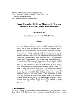 Speed Control of DC Shunt Motor with Field and Armature Rheostat Control Simultaneously