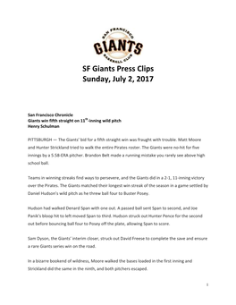 SF Giants Press Clips Sunday, July 2, 2017