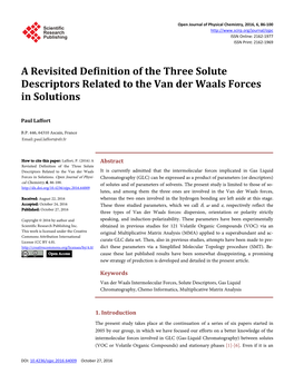 A Revisited Definition of the Three Solute Descriptors Related to the Van Der Waals Forces in Solutions