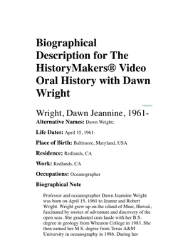 Biographical Description for the Historymakers® Video Oral History with Dawn Wright