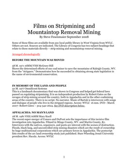 Films on Stripmining and Mountaintop Removal Mining by Steve Fesenmaier September 2008