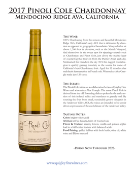 2017 Pinoli Cole Chardonnay Mendocino Ridge AVA, California