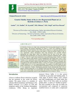 Genetic Fidelity Study of the in Vitro Regenerated Plants in LA Hybrids of Lilium Cv