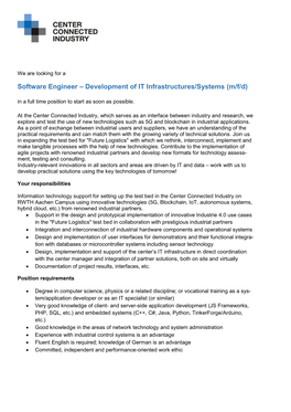 Software Engineer – Development of IT Infrastructures/Systems (M/F/D) in a Full Time Position to Start As Soon As Possible