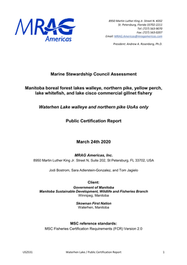 Marine Stewardship Council Assessment Manitoba Boreal Forest Lakes Walleye, Northern Pike, Yellow Perch, Lake Whitefish, And