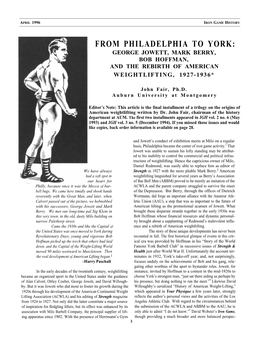 From Philadelphia to York: George Jowett, Mark Berry, Bob Hoffman, and the Rebirth of American Weightlifting, 1927-1936*