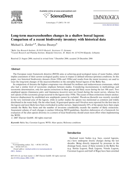 Long-Term Macrozoobenthos Changes in a Shallow Boreal Lagoon: Comparison of a Recent Biodiversity Inventory with Historical Data Michael L