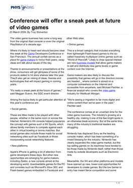 Conference Will Offer a Sneak Peek at Future of Video Games 23 March 2009, by Troy Wolverton