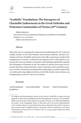 “Acatholic” Foundations: the Emergence of Charitable Endowments in the Greek Orthodox and Protestant Communities of Vienna (18Th Century)