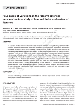 Four Cases of Variations in the Forearm Extensor Musculature in a Study of Hundred Limbs and Review of Literature