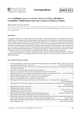 Zootaxa, a New Leafhopper Genus Comahadina Huang and Zhang