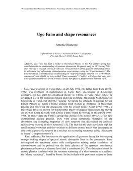 Ugo Fano and Shape Resonances