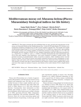 Mediterranean Moray Eel Muraena Helena (Pisces: Muraenidae): Biological Indices for Life History