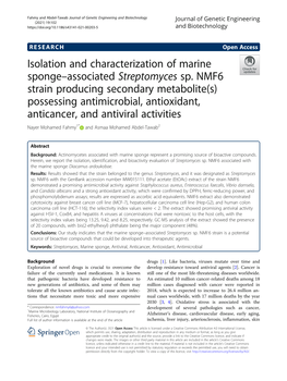 Isolation and Characterization of Marine Sponge–Associated Streptomyces Sp