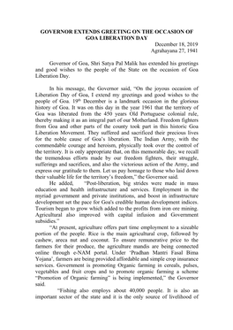 GOVERNOR EXTENDS GREETING on the OCCASION of GOA LIBERATION DAY December 18, 2019 Agrahayana 27, 1941 Governor of Goa, Shri Saty