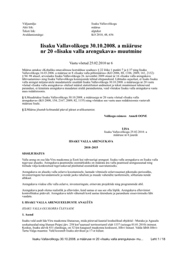 Iisaku Vallavolikogu 30.10.2008. a Määruse Nr 20 «Iisaku Valla Arengukava» Muutmine