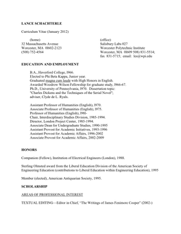 LANCE SCHACHTERLE Curriculum Vitae (January 2012)