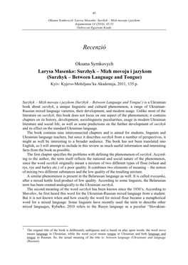 Surzhyk – Mizh Movoju I Jazykom Argumentum 14 (2018), 45-53 Debreceni Egyetemi Kiadó