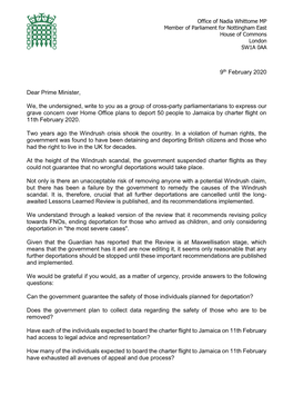 9Th February 2020 Dear Prime Minister, We, the Undersigned, Write