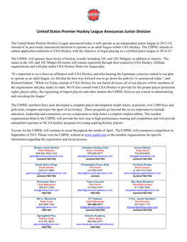 United States Premier Hockey League Announces Junior Division