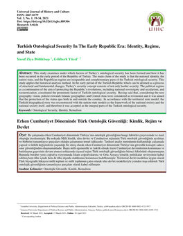 Turkish Ontological Security in the Early Republic Era: Identity, Regime, and State Yusuf Ziya Bol¨ Ukbas¸I¨ 1,Gokberk¨ Yucel¨ ∗ 2