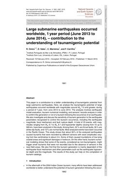 Large Submarine Earthquakes Occurred Worldwide, 1 Year Period (June 2013 to June 2014), – Contribution to the Understanding Of