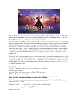 The Hit Broadway Musical Anastasia Will Be Playing in Tulsa, OK on Saturday, April 11, 2020