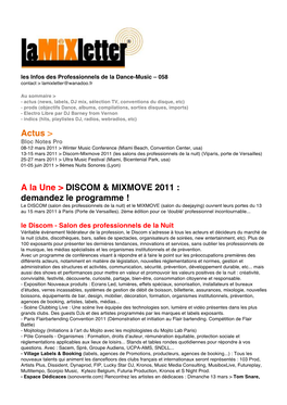 Actus &gt; a La Une &gt; DISCOM & MIXMOVE 2011 : Demandez Le Programme