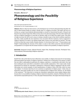 Phenomenology and the Possibility of Religious Experience