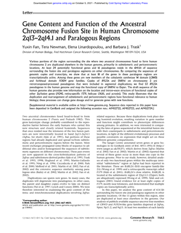 Gene Content and Function of the Ancestral Chromosome Fusion Site in Human Chromosome 2Q13–2Q14.1 and Paralogous Regions