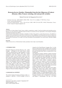 Bransatochoerus (Suoidea: Mammalia) from the Late Oligocene of Coderet (Bransat, Allier, France): Osteology, Diet and Growth Variables