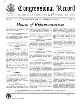 Congressional Record United States Th of America PROCEEDINGS and DEBATES of the 113 CONGRESS, FIRST SESSION