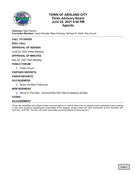 TOWN of ASHLAND CITY Parks Advisory Board June 22, 2021 6:00 PM Agenda