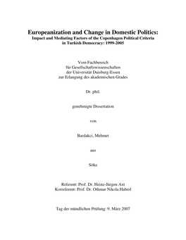 Europeanization and Change in Domestic Politics: Impact and Mediating Factors of the Copenhagen Political Criteria in Turkish Democracy: 1999-2005