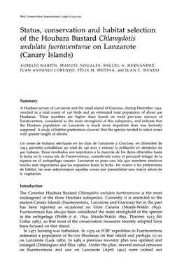 Status, Conservation and Habitat Selection of the Houbara Bustard Chlamydotis Undulata Fuertaventurae on Lanzarote (Canary Islands)