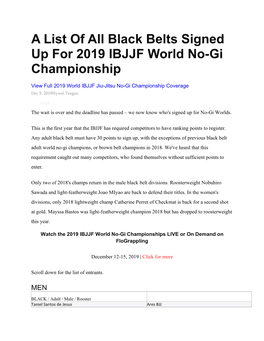 A List of All Black Belts Signed up for 2019 IBJJF World No-Gi Championship
