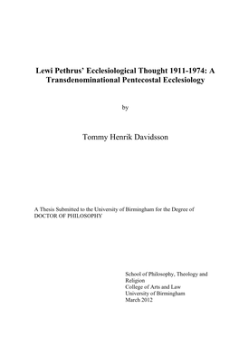 Lewi Pethrus' Ecclesiological Thought 1911-1974: a Transdenominational