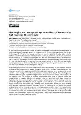 New Insights Into the Magmatic System Southeast of El Hierro from High-Resolution 2D Seismic Data