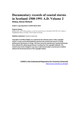 Documentary Records of Coastal Storms in Scotland 1500-1991 A.D. Volume 2 Hickey, Kieran Richard