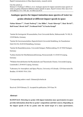 Analogue Spectra for Impact Ionization Mass Spectra of Water Ice Grains Obtained at Different Impact Speeds in Space