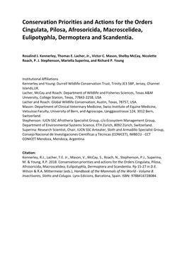 Conservation Priorities and Actions for the Orders Cingulata, Pilosa, Afrosoricida, Macroscelidea, Eulipotyphla, Dermoptera and Scandentia