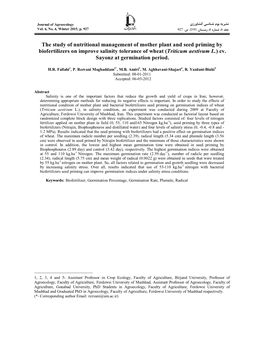 The Study of Nutritional Management of Mother Plant and Seed Priming by Biofertilizers on Improve Salinity Tolerance of Wheat (Triticum Aestivum L.) Cv