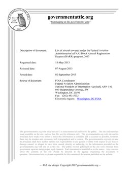 (FAA) Block Aircraft Registration Request (BARR) Program, 2013