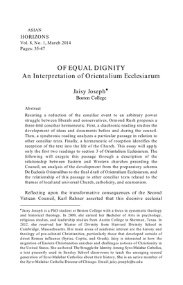 OF EQUAL DIGNITY an Interpretation of Orientalium Ecclesiarum