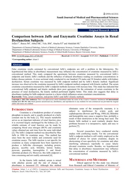 Comparison Between Jaffe and Enzymatic Creatinine Assays in Renal Dysfunction Subjects Jelani I1*, Bunza JM1, Abbas HK1, Yale, BM1, Abacha FZ2 and Abdullahi HL3