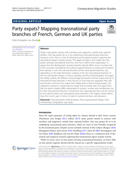 Party Expats? Mapping Transnational Party Branches of French, German and UK Parties Felix-Christopher Von Nostitz