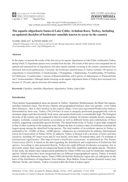 The Aquatic Oligochaete Fauna of Lake Çıldır, Ardahan-Kars, Turkey, Including an Updated Checklist of Freshwater Annelids Known to Occur in the Country